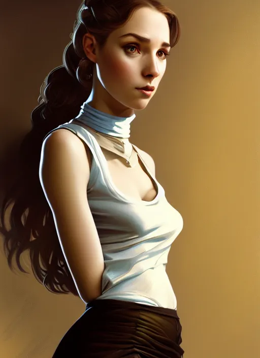 Image similar to portrait of a full body of beautiful young female secretary, d & d, sleeveless turtleneck, pencil skirt, fantasy, flat lighting, intricate, highly detailed, digital painting, artstation, concept art, smooth, sharp focus, illustration, art by simon bisley and greg rutkowski and alphonse mucha, natural tpose