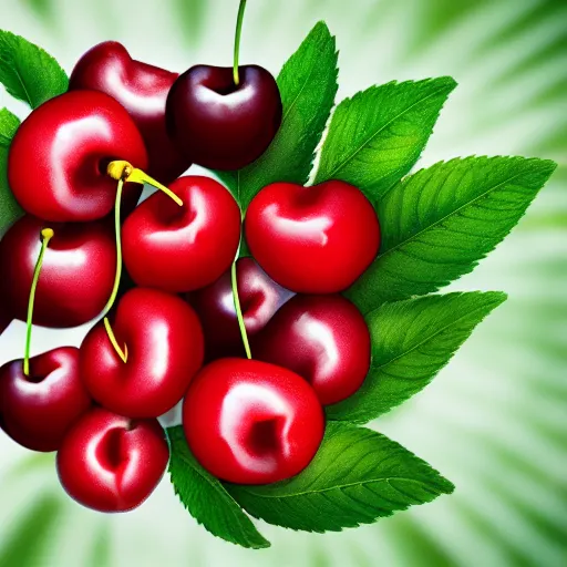 Image similar to Cherries, cherry inside a cherry, cherry explosion, white background, 3d