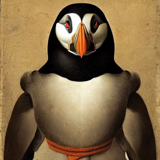 Prompt: “A renaissance style portrait of a puffin in military uniform”