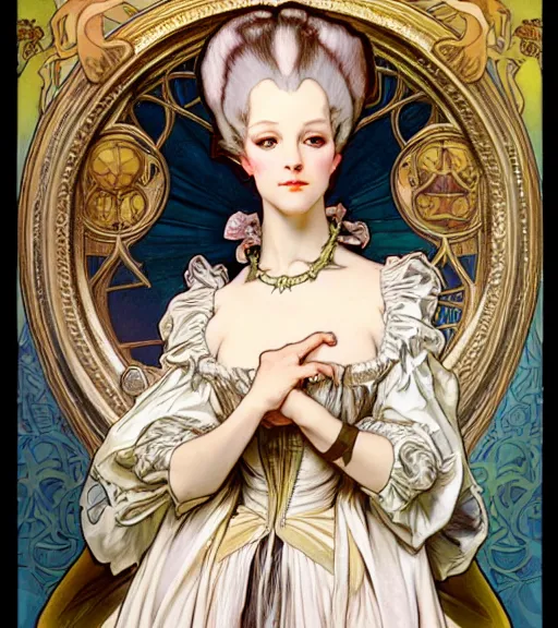 Prompt: realistic detailed profile portrait of a young beautiful marie antoinette in opulent alien armor by alphonse mucha, ayami kojima, amano, greg hildebrandt, and mark brooks, female, feminine, art nouveau, rococo cyberpunk, neo - gothic, gothic, character concept design