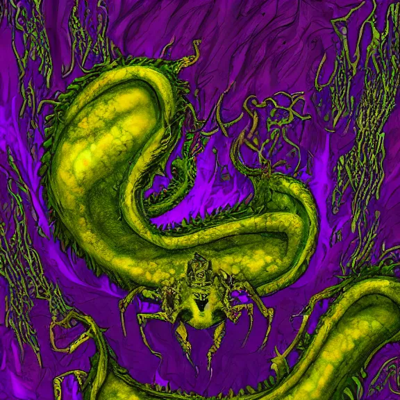 Image similar to detailed shot of inside a cavernous living stomach of a goddess, the walls purple and pulsing, lots of acid pooling up on the floor, digesting and dissolving a small dragon as it thrashes in acid, food pov, micro pov, vore, digital art, furry art, anthro art, high quality, 8k 3D realistic, macro art, micro art, Furaffinity, Deviantart, Eka's Portal, G6