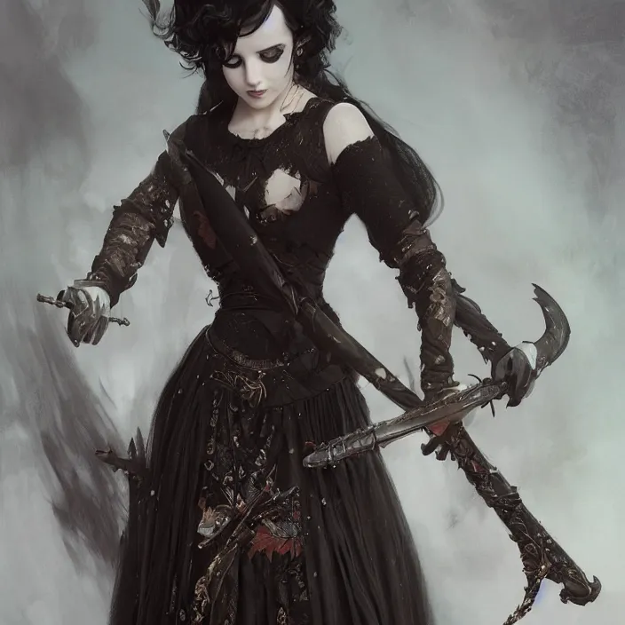 Image similar to young girl holding quiver, full body, victorian goth, white powder makeup, dark lipstick, asian black hair, d & d, fantasy, intricate, elegant, highly detailed, digital painting, artstation, concept art, matte, sharp focus, illustration, art by artgerm and greg rutkowski and alphonse mucha