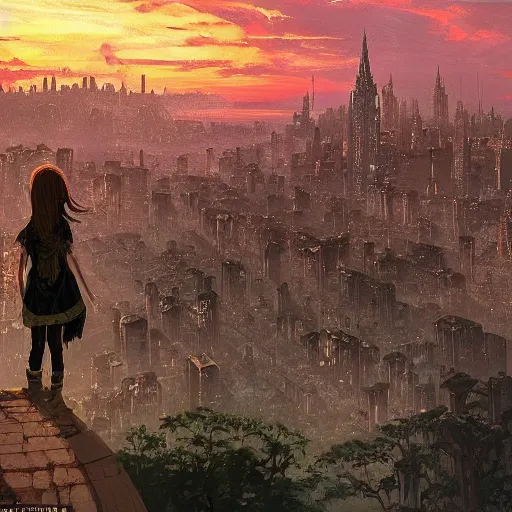 Prompt: a girl looks over a city at sunset, the city is a sprawling medieval city that is built amidst decaying brutalist cyclopean architecture and overgrown by the rainforest, rpg, hubert robert, cityscape, vista, dying earth