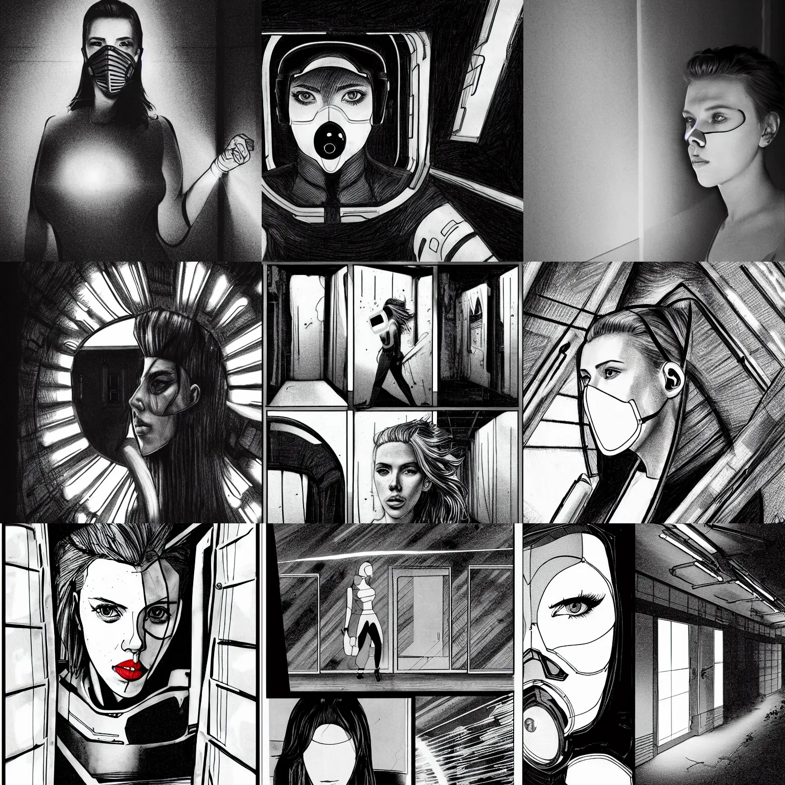 Prompt: scarlett johansson wearing futuristic breathing half face mask, searching an derelict dark hallway of a abandoned spaceship with a flashlight, black and white, pencil and ink manga panels showing different angles of scene