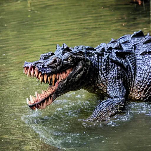 Image similar to werecreature consisting of a mixture of human and crocodile, photograph captured at woodland creek