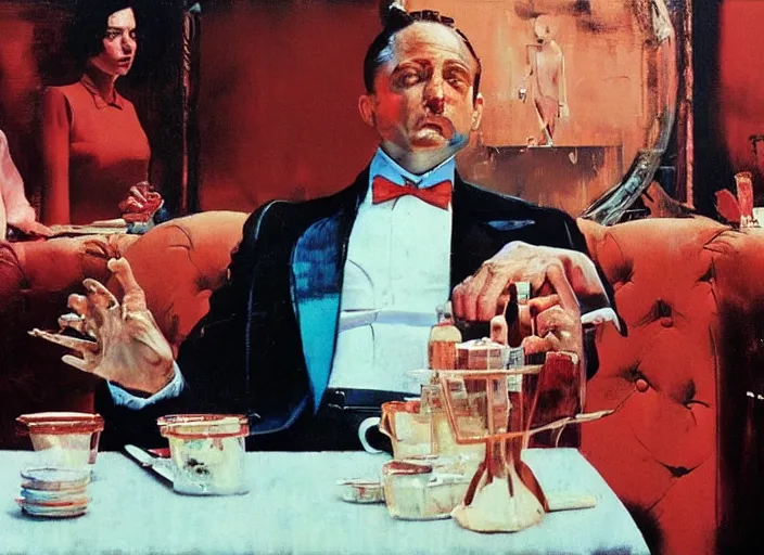 Prompt: a still from the movie godfather by of francis bacon and norman rockwell and james jean, a still from avenger : endgame, mark brooks, triadic color scheme, by greg rutkowski, syd mead and edward hopper and norman rockwell and beksinski, dark surrealism, orange and turquoise and purple