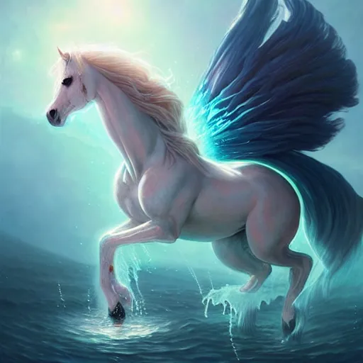 Prompt: a fantastical translucent poney made of water and foam, ethereal, radiant, hyperalism, scottish folklore, digital painting, artstation, concept art, smooth, 8 k frostbite 3 engine, ultra detailed, art by artgerm and greg rutkowski and magali villeneuve