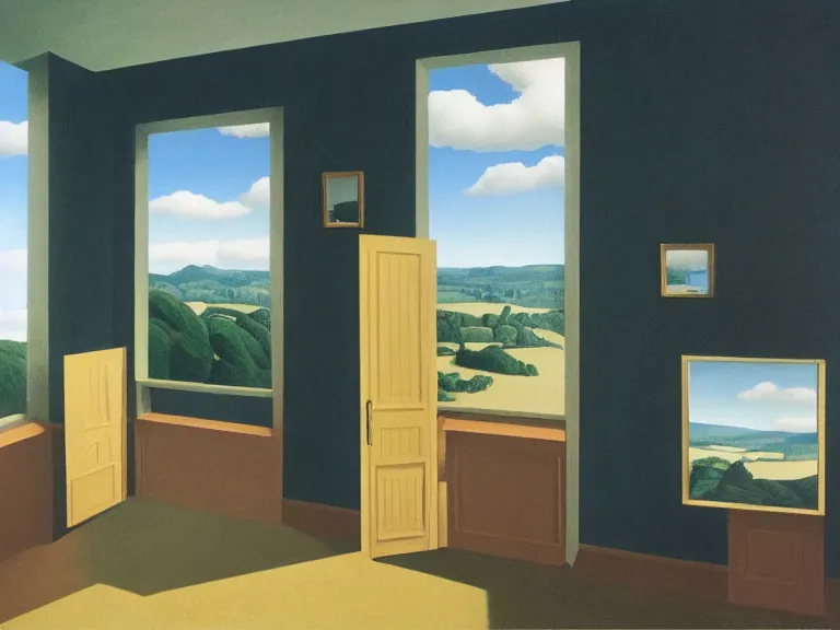 Image similar to room with cloud wallpapers, painting by rene magritte, centered, high detail, high resolution