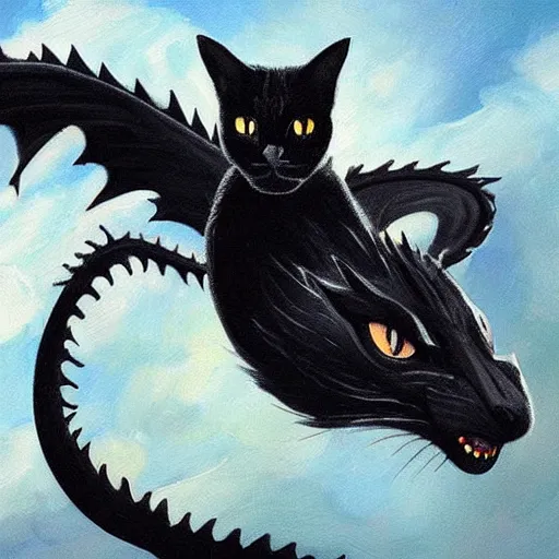 Prompt: “ a black cat flying on the back of a dragon from game of thrones, very detailed, oil painting, award winning ”