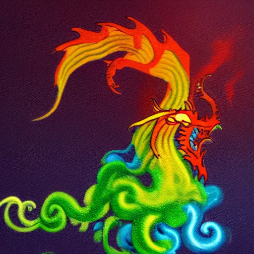 Prompt: multi color smoke with the small head of a dragon, billowy, 8 k, 4 k