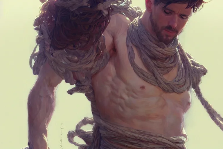 Image similar to a man tied to a pillar, highly detailed, hyperrealistic digital painting, artstation, concept art, smooth, sharp focus, illustration, cinematic lighting, art by artgerm and greg rutkowski and alphonse mucha