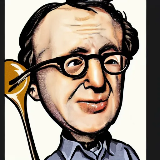 Image similar to woody allen kissing a large spoon, caricature, mad magazine, by mort drucker