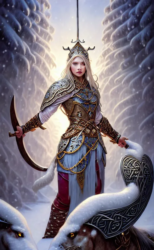 Image similar to opal viking warrior, regal, elegant, winter, snow, beautiful, stunning, hd, illustration, epic, d & d, fantasy, intricate, elegant, highly detailed, wide angle, digital painting, artstation, concept art, smooth, sharp focus, illustration, wallpaper, art by artgerm and greg rutkowski and alphonse mucha and jin xiaodi