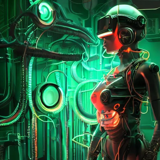 Prompt: Full body shot of a Cute cyborg girl with VR helmet , surrounded by cables , illustrated by Greg Rutkowski and H.R. Giger, 35mm lens, beautiful macro close-up imagery, vibrantly lush neon lighting, beautiful volumetric-lighting-style atmosphere, a dark future atmosphere, intricate, ultra detailed, photorealistic imagery, trending on artstation, 4k, 8k