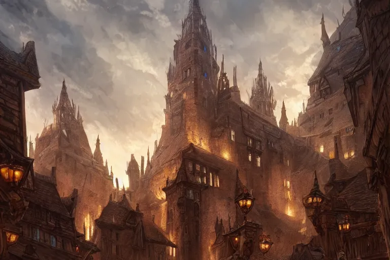 Prompt: A giant medieval city with big walls, fantasy, gigantic scale, dynamic lighting, cinematic, concept art, trending on artstation