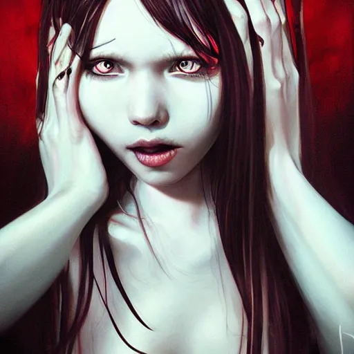 Prompt: Ethereal portrait of a creepy demonic sleep paralysis girl with dirty long dark hair, long bangs, a malicious grin, big piercing eyes, dim lighting, medium shot, by artgerm and WLOP