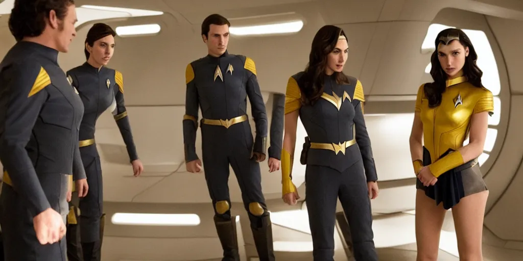 Image similar to Gal Gadot, in full starfleet uniform, is the captain of the starship Enterprise in the new Star Trek movie