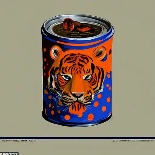 Prompt: tiger print by steve henderson, by pete turner experimental. in this body art, the artist has used a photo - realist style to depict a can of soup. the can is placed on a plain background, & the artist has used bright, primary colors to create a striking image. the body art is both realistic & abstract