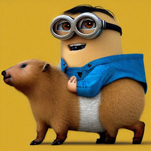 Prompt: a minion riding a capybara, digital art