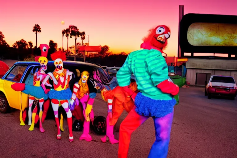 Prompt: 2 0 clowns leaving a clowncar at a california drive in, in 2 0 1 2, cutecore clowncore, bathed in the the glow of the sunset, low - light photograph, in style of monkeybone