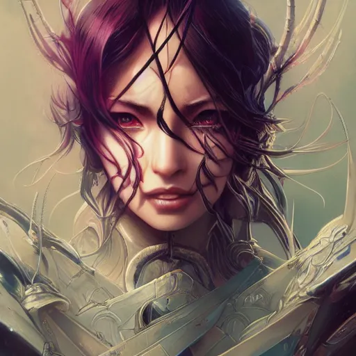 Image similar to dhamphir, artstation, concept art, tyrant, makoto shinkai, kilian eng, ayami kojima face, armor, fantasy, digital art, female