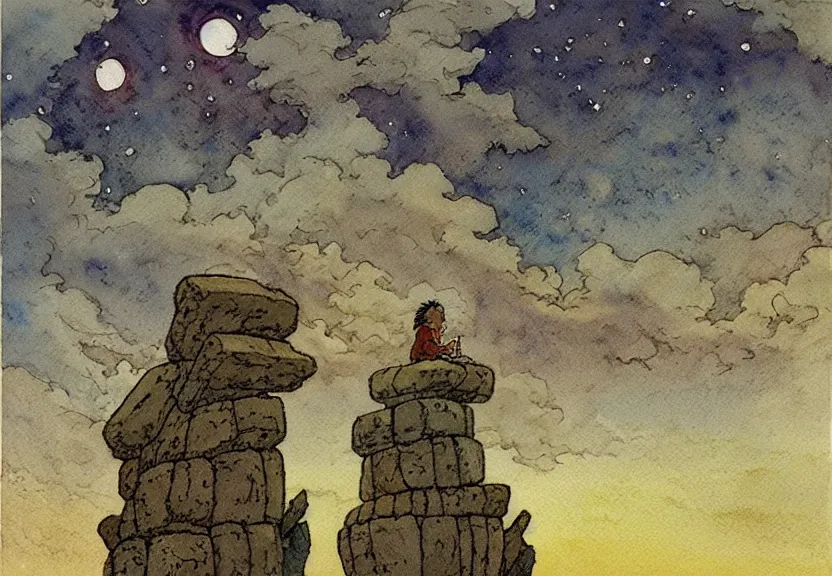 Image similar to a simple watercolor studio ghibli movie still fantasy concept art of a giant native american man sitting on a tiny stonehenge in the ocean. it is a misty starry night. by rebecca guay, michael kaluta, charles vess