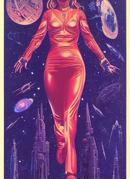 Image similar to gillian anderson as a space wizard, science fiction, high details, intricate details, by vincent di fate, artgerm julie bell beeple, 1 9 8 0 s, inking, vintage 8 0 s print, screen print