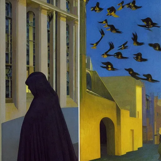 Image similar to a woman in a medieval city, a lots of crows, hyperrealistic film still by edward hopper, by gottfried helnwein, by klimt, by paolo uccello, art nouveau, highly detailed, strong lights, liminal, eerie, symbolist, bright pastel colors