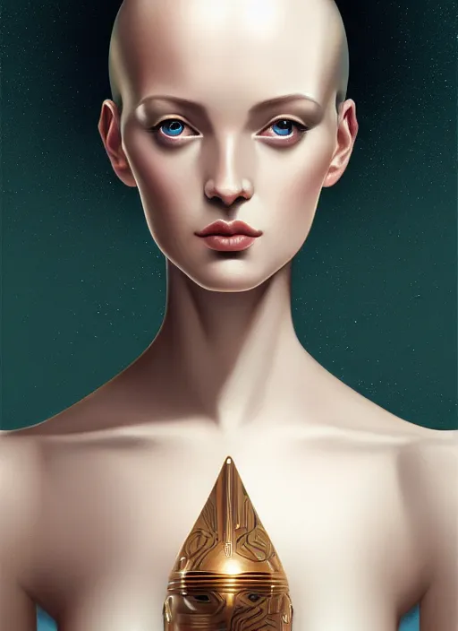 Image similar to portrait of female android, symmetry, intricate, elegant, highly detailed, smooth, sharp focus, concept art, digital painting, illustration, artstation, by fra angelico and sandro botticelli