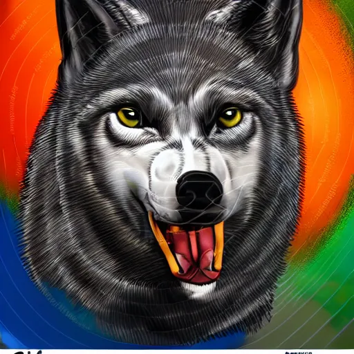 Prompt: portrait of retarded wolf, eyes in different directions, vivid colors, very poor, propaganda style, it looks sick, very ugly face, tongue out