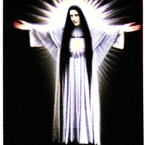 Image similar to vhs static overlay of marian apparition, vhs, 1 9 9 0, beautiful, highly realistic, highly detailed, vhs noise static, black and white, vhs glitch