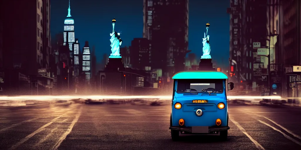 Image similar to an open frame blue tuk tuk going through a desolate manhattan city street at night, statue of liberty seen in the background, realistic 4 k octane beautifully detailed render, 4 k post - processing, highly detailed, detailed face, intricate complexity, epic composition, magical atmosphere, cinematic lighting, masterpiece, color picture, ultra hd