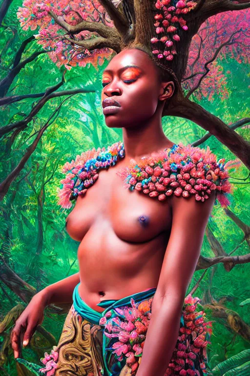 Image similar to hyperrealistic post - renaissance cinematic super expressive! yoruba goddess with exoskeleton armor, merging with tree in a forest, pink orange flowers, highly detailed digital art masterpiece, smooth cam de leon eric zener dramatic pearlescent soft teal light, ground angle hd 8 k, sharp focus