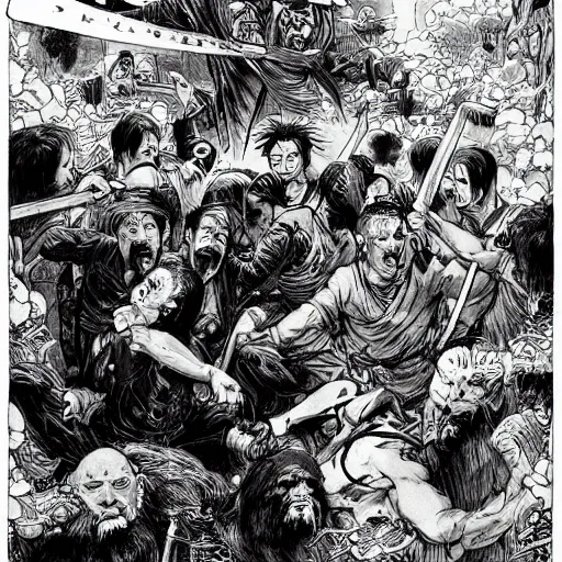 Image similar to yakuzas vs yokais in post-apocalyptic tokyo, composition by Tyler Stout, drawings by gustave doré, anders zorn