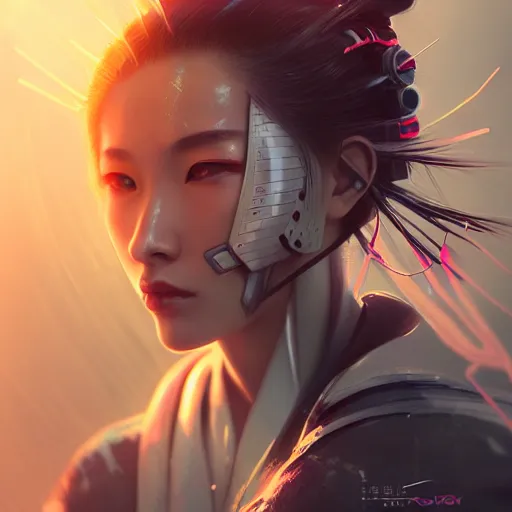 Image similar to portrait futuristic Samurai Girl, in future cyberpunk tokyo rooftop , ssci-fi, fantasy, intricate, very very beautiful, elegant, human anatomy, neon light, highly detailed, digital painting, artstation, concept art, smooth, sharp focus, illustration, art by tian zi and WLOP and alphonse mucha