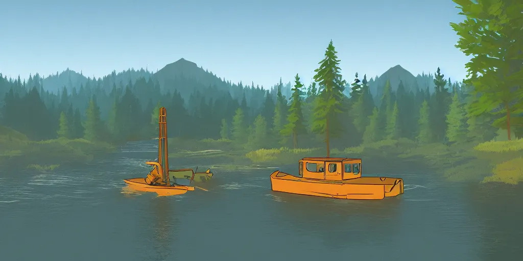 Prompt: An illustration in the style of Firewatch featuring a river surrounded by forest and fields. A boat is slowly moving through the water