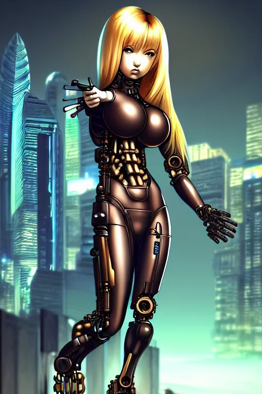 Image similar to 3 / 4 portrait of samus aran, kowloon cyberpunk cityscape, biomechanical oppai, rain, dark science fiction, by artgerm and clay mann and sorayama and alphonse mucha, trending on artstation, octane render