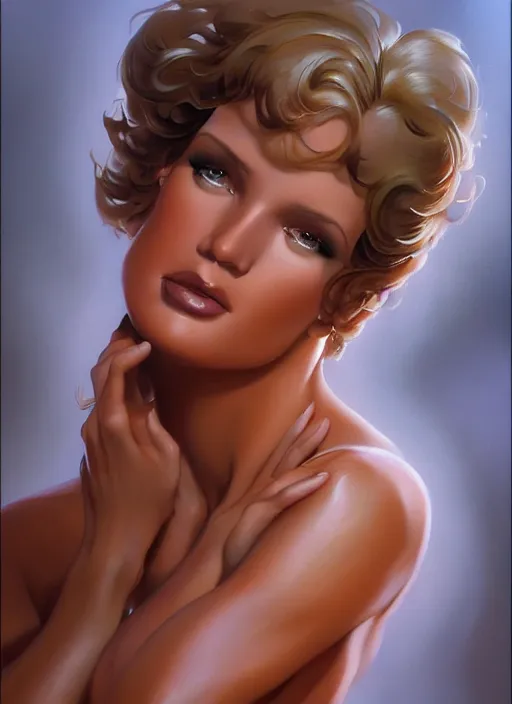 Image similar to closeup portrait a beautiful woman by boris vallejo and julie bell, mark rydek, popovy sisters, intricate, bjd, trending on artstation.