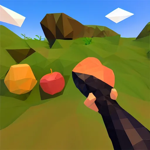 Prompt: vr game, first person, handaxe, axe equipped, variety of fruits on the background, low poly