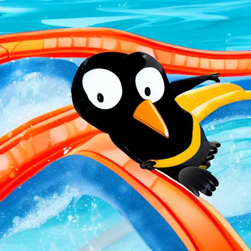 Image similar to a cartoon penguin going down a waterslide