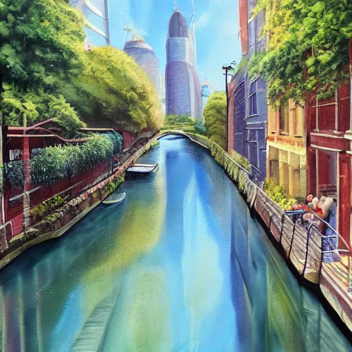 Image similar to Narrow cosy waterway in city of the future in harmony with nature. Nice colour scheme, soft warm colour. Beautiful detailed painting by Lurid. (2022)