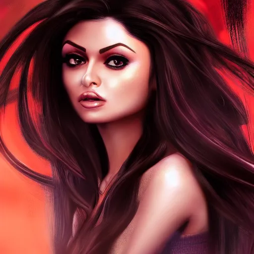 Image similar to portait of haifa wehbe, concept art, long hair centred, hd, very detailed curve, digital painting, unreal engine, amazing background