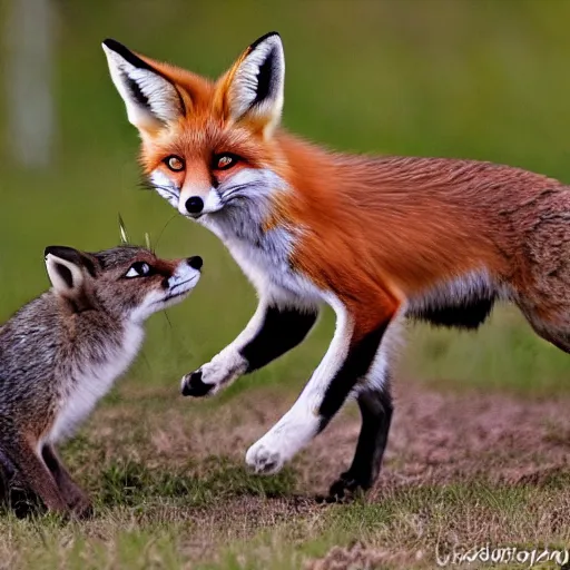 Prompt: savage fox snarls as it leaps towards a rabbit boy hybrid