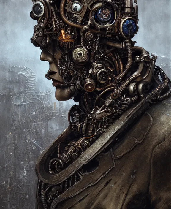 Prompt: a detailed portrait of a steampunk cyborg man, by hr giger and beksinski and stephan martiniere, 4 k resolution, detailed, 3 d render, unreal engine, octane render, trending on artstation