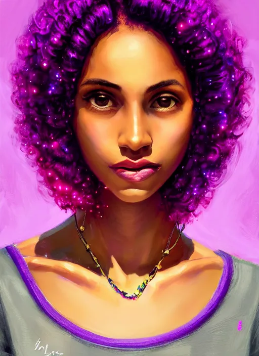 Image similar to portrait of teenage vanessa morgan with bright pink hair, black girl, curly pixie cut hair, wearing a purple breton cap, breton cap, hoop earrings, intricate, elegant, glowing lights, highly detailed, digital painting, artstation, concept art, smooth, sharp focus, illustration, art by wlop, mars ravelo and greg rutkowski