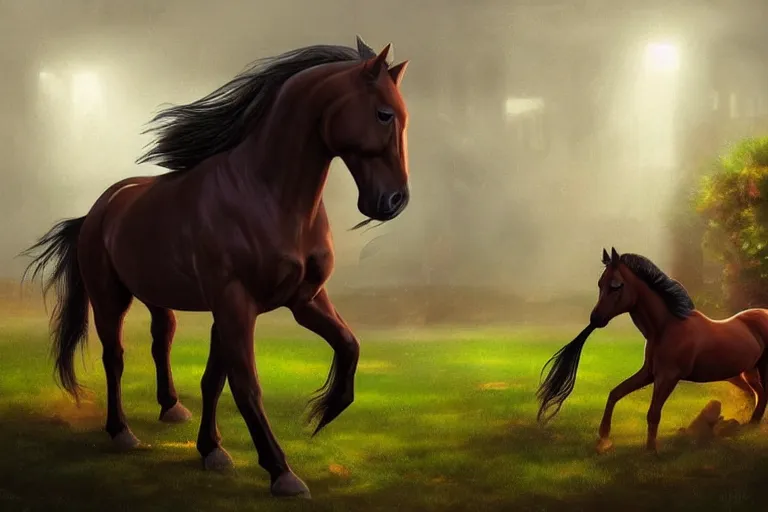 Image similar to A horse attempting to solve a jigsaw puzzle!!!, looking confused, cinematic lighting, evening light, stables, digital painting, volumetric light, concept art, trending on artstation