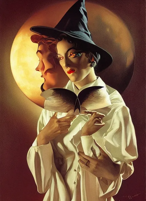 Prompt: surrealism, abstract, witch, portrait, close - up, make up, full big moon, painting by leyendecker, soft light