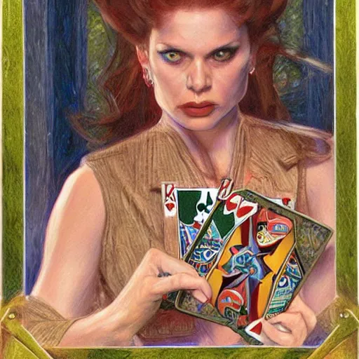 Prompt: woman using poker cards as weapons, by donato giancola