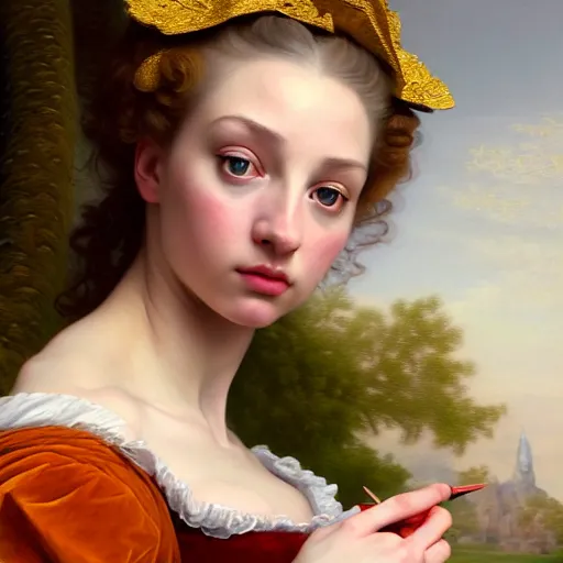 Image similar to A fantasy style portrait painting of Chloe Annett, in the style of François Boucher, Oil Painting, hyperrealistic, render, Regal, Refined, Detailed Digital Art, RPG portrait, Michael Cheval, William-Adolphe Bouguereau, dynamic lighting, Highly Detailed, Cinematic Lighting, Unreal Engine, 8k, HD, octane render