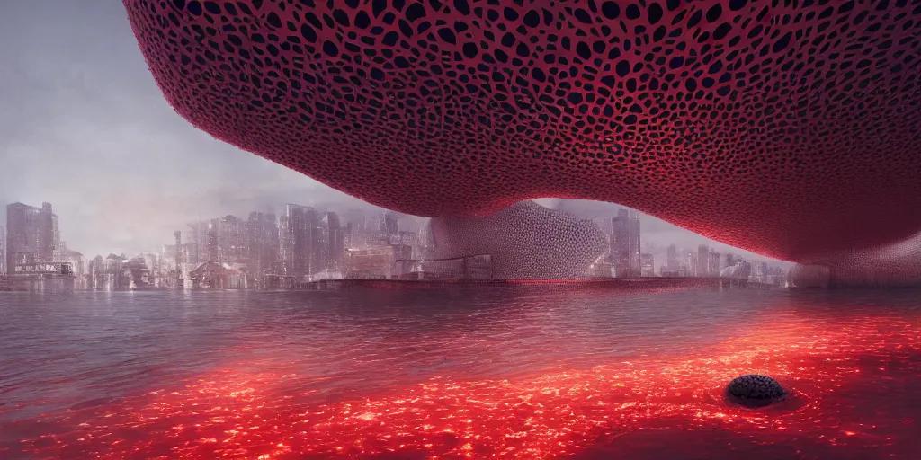 Image similar to An epic architectural rendering of a blob shaped trypophobia house with a mysterious red glow emitting from inside in a modern cityscape next to a river, by Zaha Hadid and Greg Rutkowski, tunning, gorgeous, golden ratio, photorealistic, featured on artstation, 4k resolution